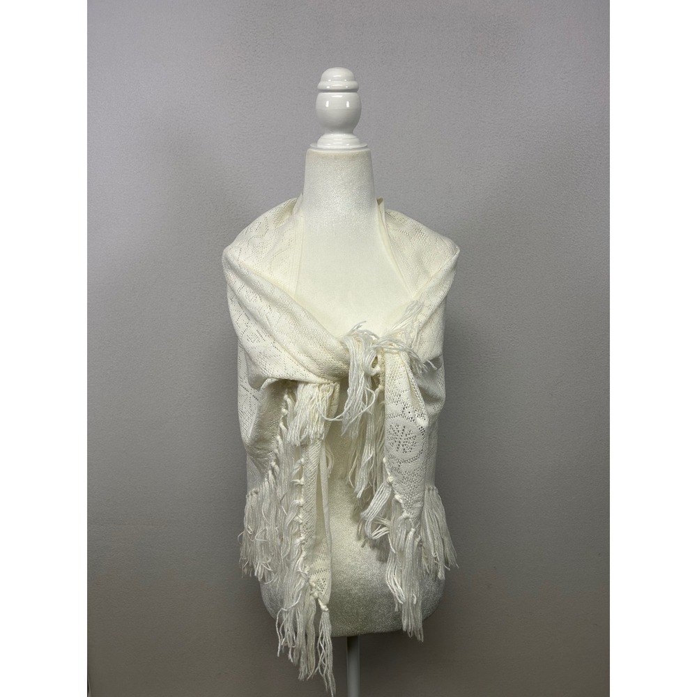Victorian Vintage Womens OS White Pointelle Knit Fringe Wrap Shawl Scarf
